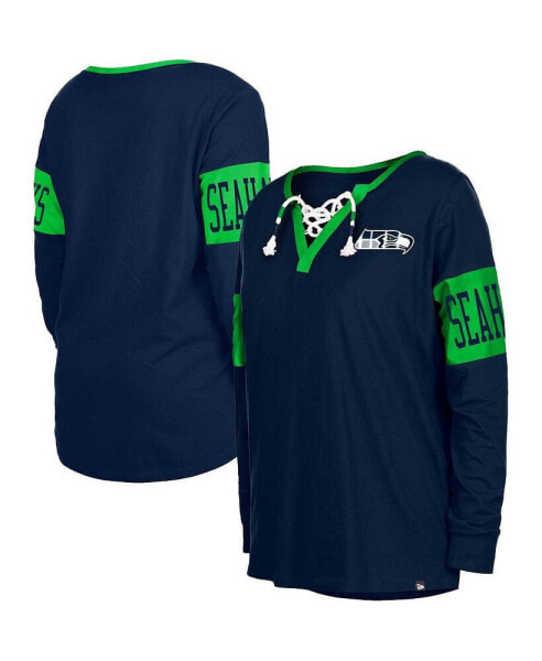 Women's College Navy Seattle Seahawks Lace-Up Notch Neck Long Sleeve T-shirt