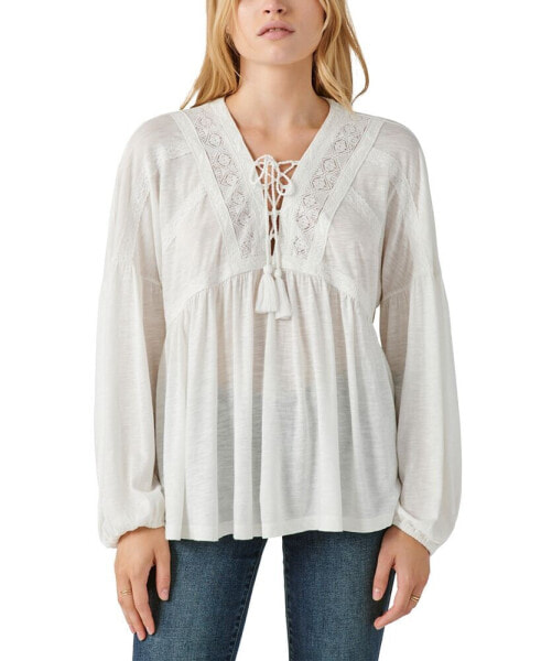 Women's Tie-Neck Lace-Trim Peasant Top