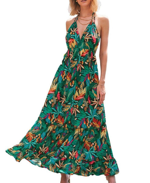 Women's Tropical Leaf Print Halterneck Beach Dress