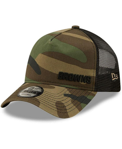 Men's Camo and Black Cleveland Browns Flawless Utility A-Frame Trucker 9FORTY Snapback Hat