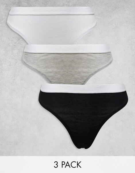 ASOS DESIGN Lillie 3 pack cotton thong with waistband in black, grey & white