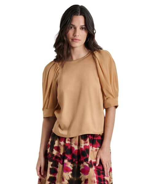 Women's Mixed-Media Chiffon Puff-Sleeve Top