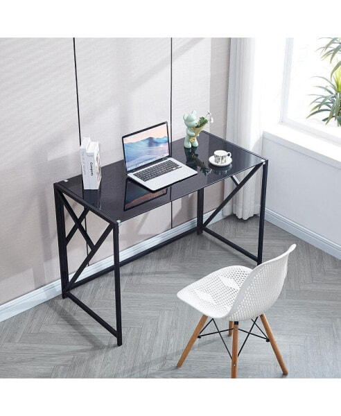 Компьютерный стол с закаленным черным стеклом Simplie Fun, Стол письменный, Стол для ноутбука, Стол для ПК с металлическим каркасом