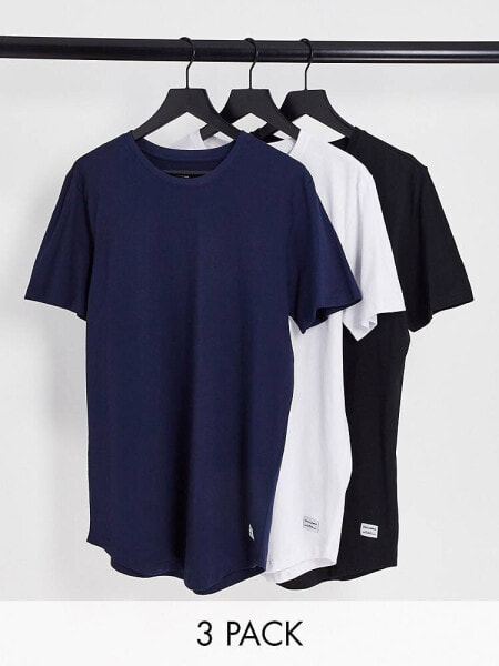 Jack & Jones Originals 3 pack curve longline t-shirt in white/navy/black