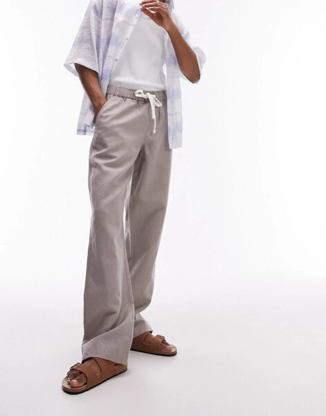 Topman straight linen blend trousers in stone