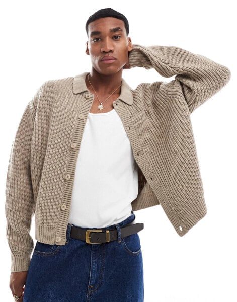 ASOS DESIGN – Oversize-Strickjacke aus Wollmix in Taupe mit Knopfleiste