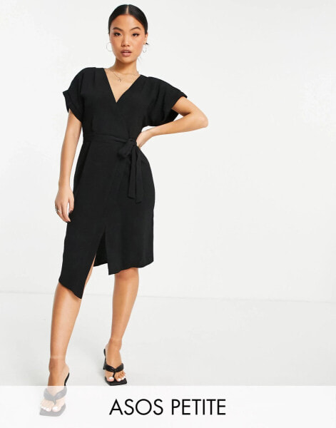 ASOS DESIGN Petite – Midi-Wickelkleid in Schwarz