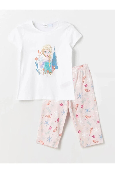 LCW Kids Bisiklet Yaka Elsa Baskılı Kısa Kollu Kız Çocuk Pijama Takımı