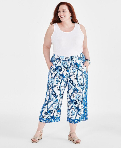 Plus Size Linen Printed Drawstring Capri Pants, Created for Macy's