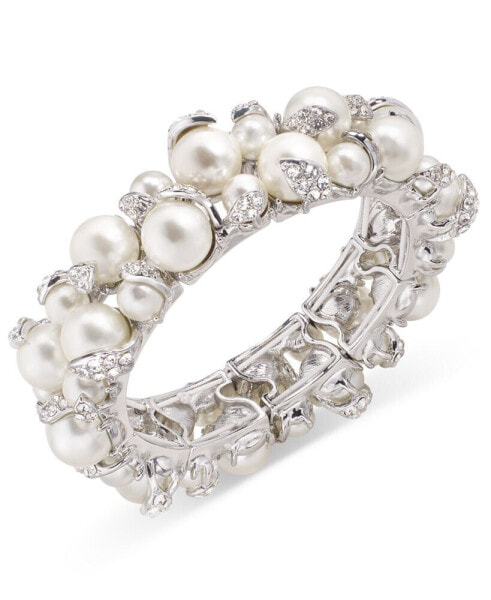 Silver-Tone Pavé & Imitation Pearl Stretch Bracelet, Created for Macy's