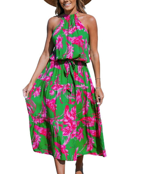 Women's Pink-and-Green Floral Maxi Halter Beach Dress