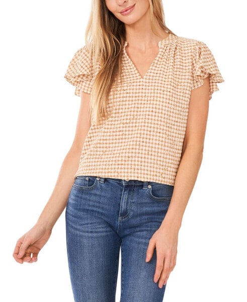 Women's Shirred V-Neck Flutter-Sleeve Blouse