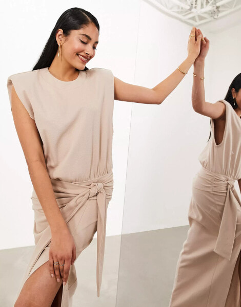 ASOS EDITION textured jersey shoulder pad midaxi dress with knot detail in mocha