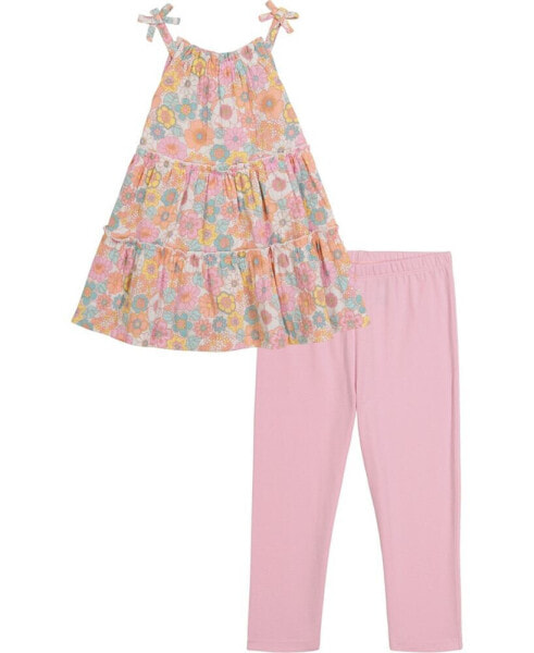 Little Girls Floral Halter Tunic Top and Capri Leggings, 2 Piece Set