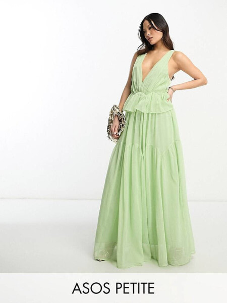 ASOS DESIGN Petite plunge pleated tiered maxi dress in sage green