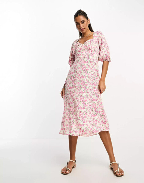 Lola May tie back puff sleeve midi smock dress in pink floral print