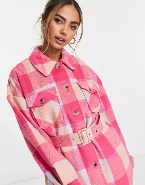 Pieces belted waist shacket in pink check