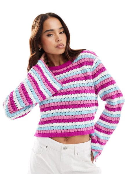 Something New X Cenit Nadir crochet cropped jumper in pink & blue stripe