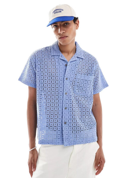 Obey embroidered open short sleeve shirt in blue