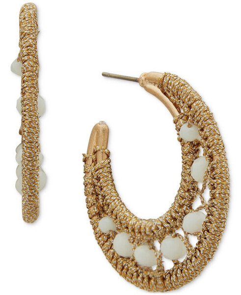 Gold-Tone White Open Crochet Medium Hoop Earrings, 1.3"