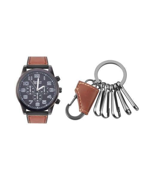 Men's Quartz Movement Cognac Leather Strap Analog Watch, 48mm and Keychain with Zippered Travel Pouch