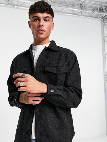 Jack & Jones Originals faux wool overshirt with pockets in black 