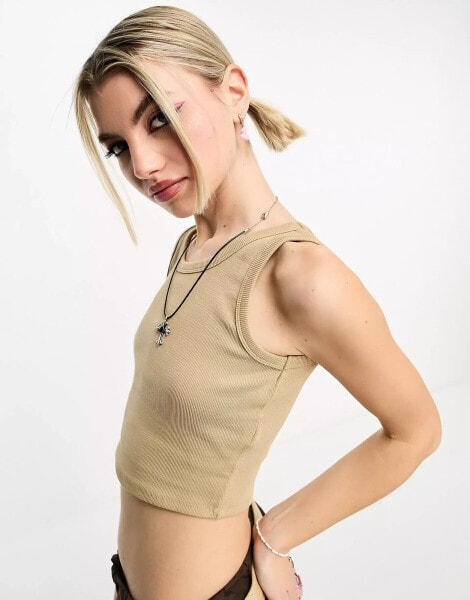 JJXX Fallon ribbed cropped vest top in beige