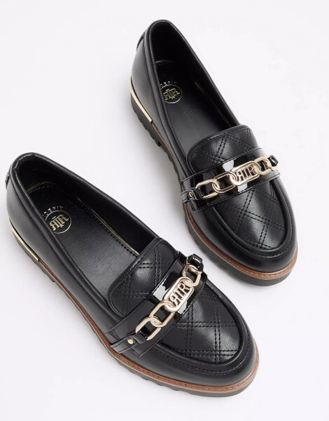 River Island quilted loafer with chain detail in black wide fit