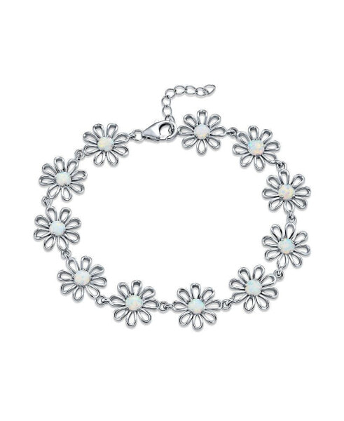 Delicate Floral Flower Created White Synthetic Opal Multi Charm Link Daisy Bracelet Anklet For Women Silver Adjustable 7.5-9 inch