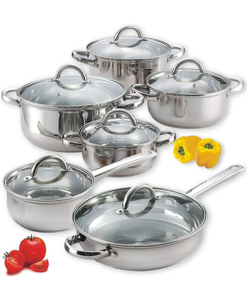 Kitchen Cookware Sets, 12-Piece Basic Stainless Steel Pots and Pans, Silver