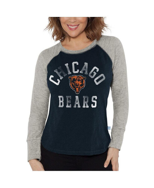 Women's Navy, Heather Gray Distressed Chicago Bears Waffle Knit Raglan Long Sleeve T-shirt