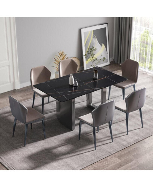 63" Modern Artificial Stone Black Straight Edge Black Metal Leg Dining Table -6 People