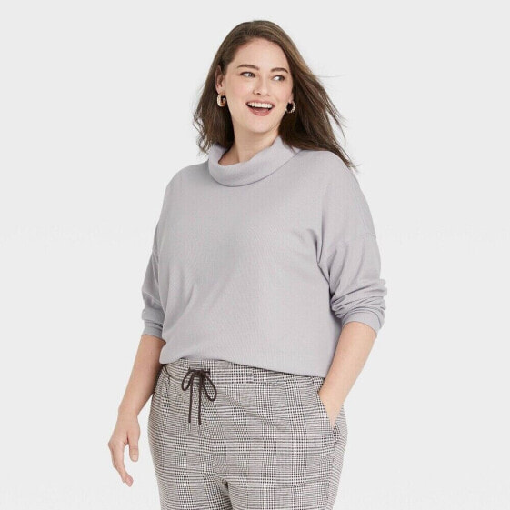 Women's Plus Size Long Sleeve Turtleneck Waffle T-Shirt - A New Day Gray 2X