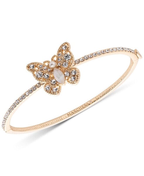 Gold-Tone Imitation Pearl, Mother of Pearl & Glass Pavé Butterfly Bangle Bracelet