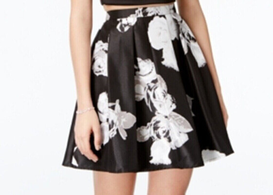 Sequin Hearts Women's Juniors Floral Print A Line Skirt Black Ivory 11