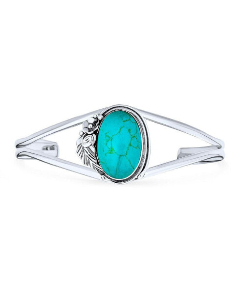 Nature Leaf Flowers Round Cabochon Statement Turquoise Wide Cuff Bracelet For Women .925 Sterling Silver