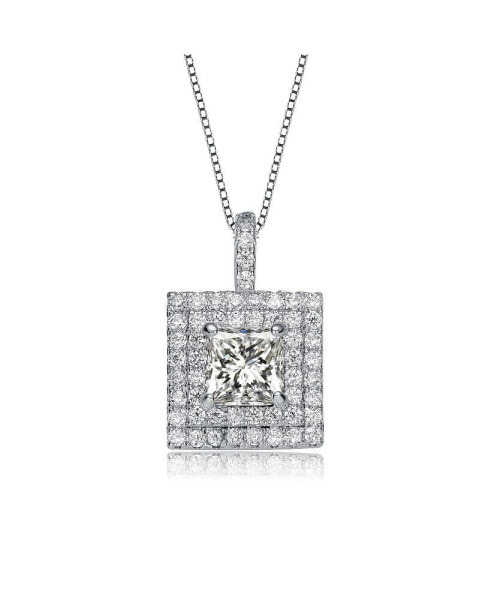 White Gold Plated with Princess Cut Cubic Zirconia Solitaire Double Halo Cluster Pendant Necklace