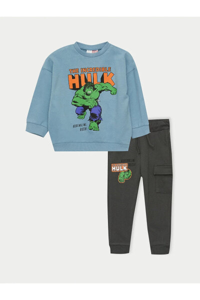 Bisiklet Yaka Uzun Kollu Hulk Baskılı Erkek Bebek Sweatshirt ve Eşofman Altı 2'li Takım