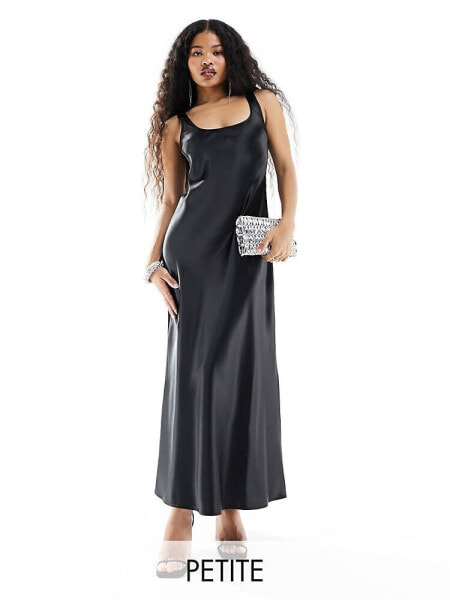 Miss Selfridge Petite satin scoop neck bias maxi dress in black