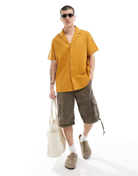 ASOS DESIGN relaxed linen blend shirt with deep revere collar in mustard