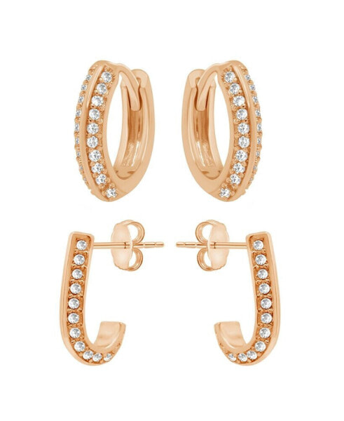 Cubic Zirconia Crystal Huggie Hoop and J Hoop Duo Earring Set, Rose Gold Plate