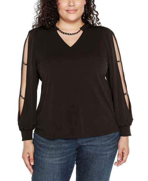 Black Label Plus Size Split-Sleeve Chain-Neck Keyhole Top