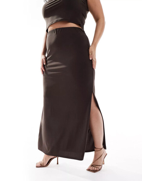 ASOS DESIGN Curve co-ord slinky midi skirt with side splits in chocolate