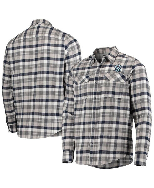 Men's Deep Sea Blue, Gray Seattle Kraken Ease Plaid Button-Up Long Sleeve Shirt