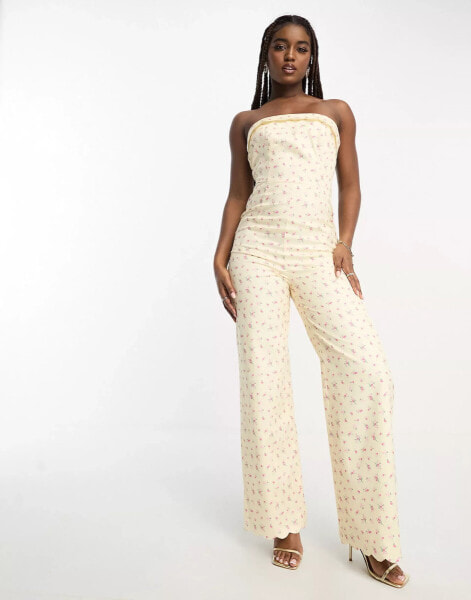 The Frolic strapless wide leg jumpsuit with scallop hem in vintage floral