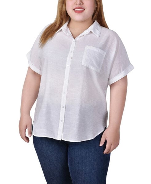 Plus Size Short Sleeve Woven Front and Jersey Back Top