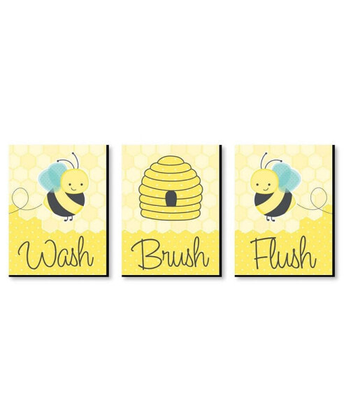 Honey Bee - Wall Art - 7.5 x 10 inches - Set of 3 Signs - Wash, Brush, Flush