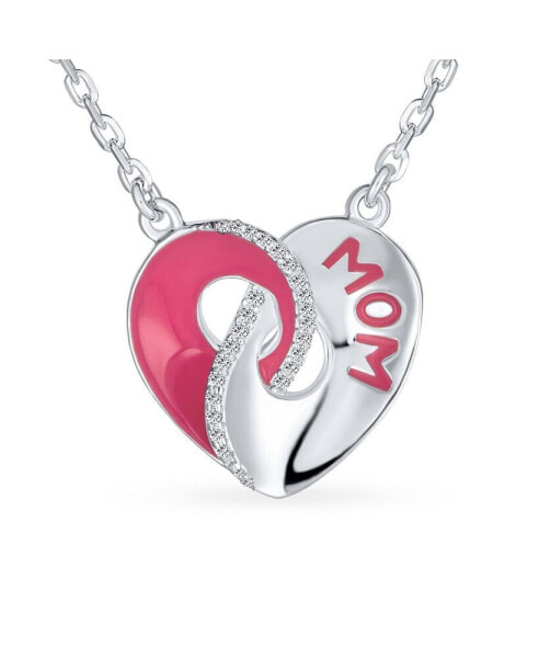 Crystal Accent 3D Interlocking Pink Enamel Heart Message Word Mom Heart Necklace Pendant For Women Mother .925 Sterling Silver