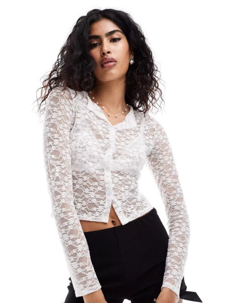 Miss Selfridge long sleeve sheer lace button through cardi in ivory