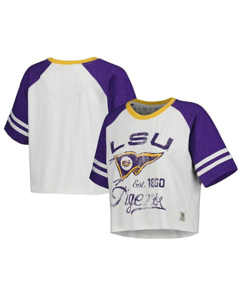 Women's White LSU Tigers Melange Beaumont Cropped Raglan T-shirt